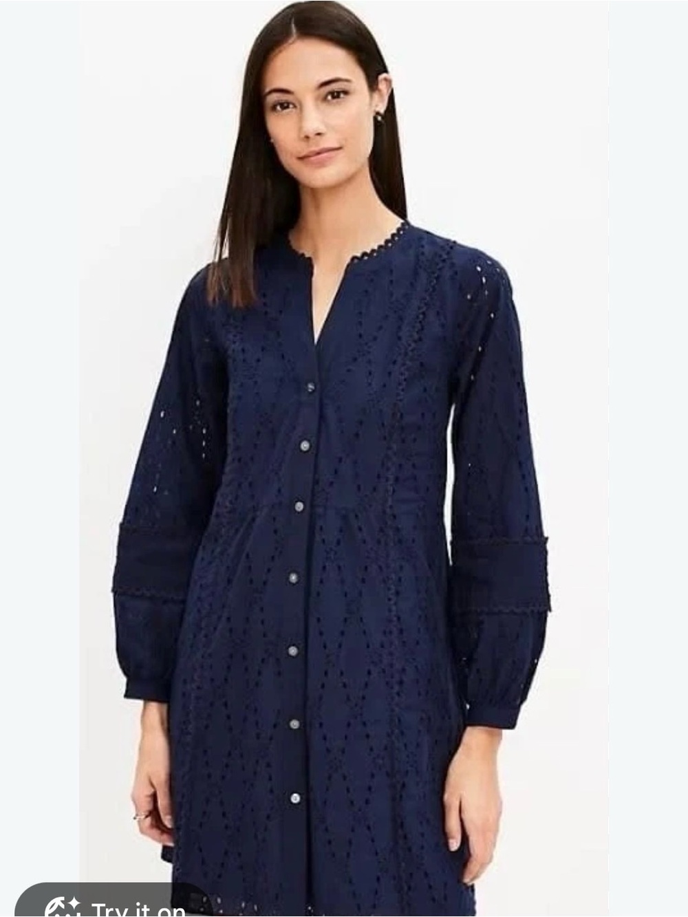 LOFT Women’s Navy Blue Eyelet Button-Front Tunic Midi Dress Small Petite